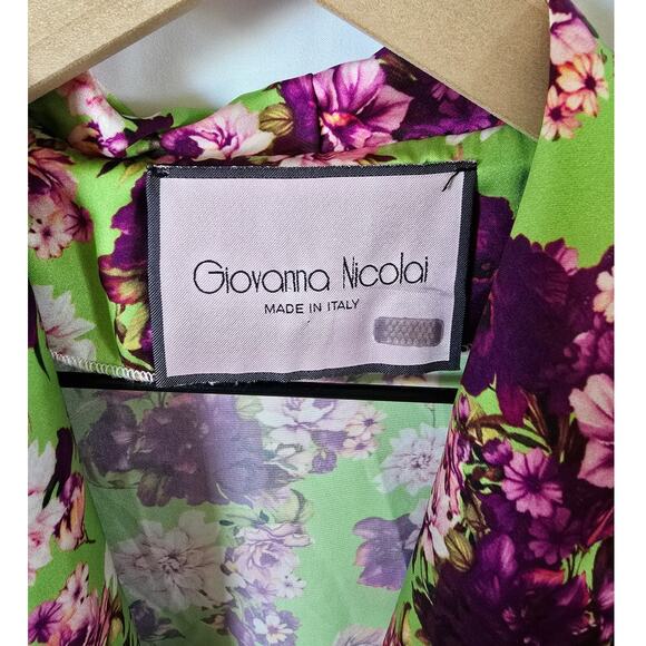 Giovanna Nicolai Green Purple Floral Satin Wrap Tie Top Blouse Sz 40 S - Picture 3 of 6
